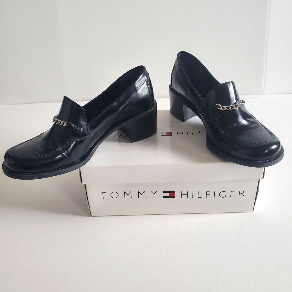 VTG Y2K Tommy Hilfiger Women’s Loafers Size 7 Black Patent Loafer Block Heel